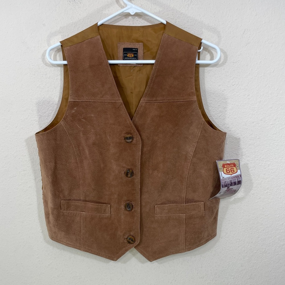 NWT Route 66 Men's Size M Brown Leather Front Poly Back Sleeveless 2‎ Pocket Vtg